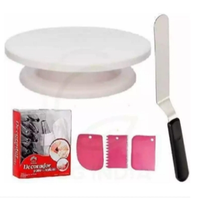 Picture of Cake Making Tools Turn Table 7 inch Stainless Steel Spatula, 12 Piece of Cake Decoration Nozzles with Icing Bag and 3 Pieces of Dough Scrapper(Multicolor) Multicolor Kitchen Tool Set (Multicolor) -White