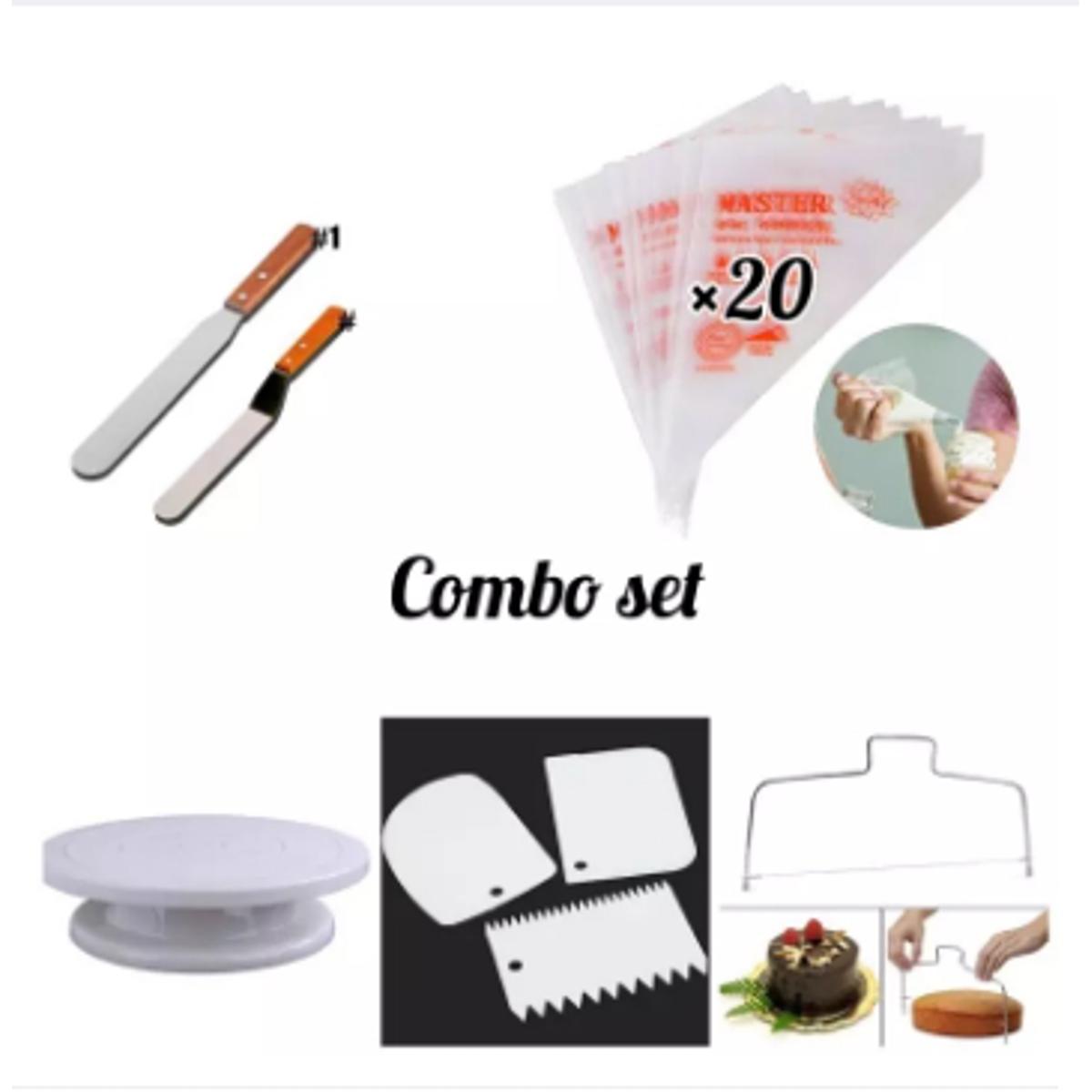 Picture of parfect Combo Set - Rotating Cake Turntable Stand 11 Inch with Cake Leveler,2 Spatulas,3 Icing Smoothers and 20 Disposable Pastry Bags for Cake Decorating Baking -White