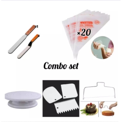 Picture of parfect Combo Set - Rotating Cake Turntable Stand 11 Inch with Cake Leveler,2 Spatulas,3 Icing Smoothers and 20 Disposable Pastry Bags for Cake Decorating Baking -White