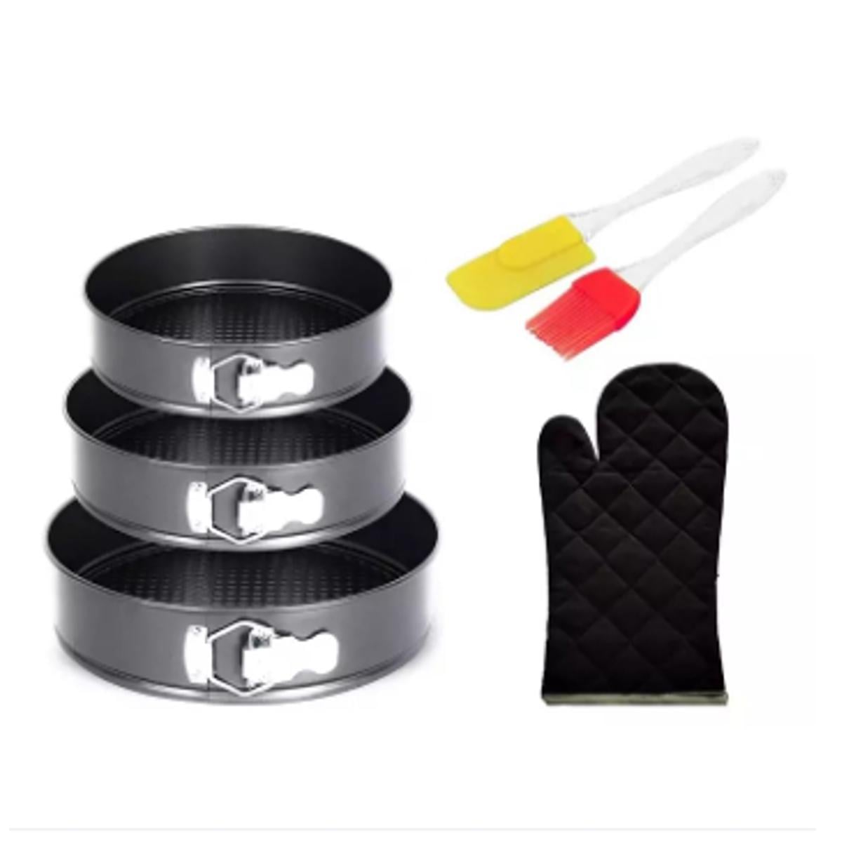 Picture of Coated Round Cake Tins Set of 3 with Cotton Oven Glove, Spatula and Brush, for Baking Cake at Home and Bakery -Silver