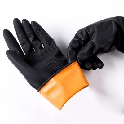 Picture of Rubber Safety Long Hand Gloves Use For Resist Oils, Acids, Detergents & Most Chemical Works 1 Pair Black