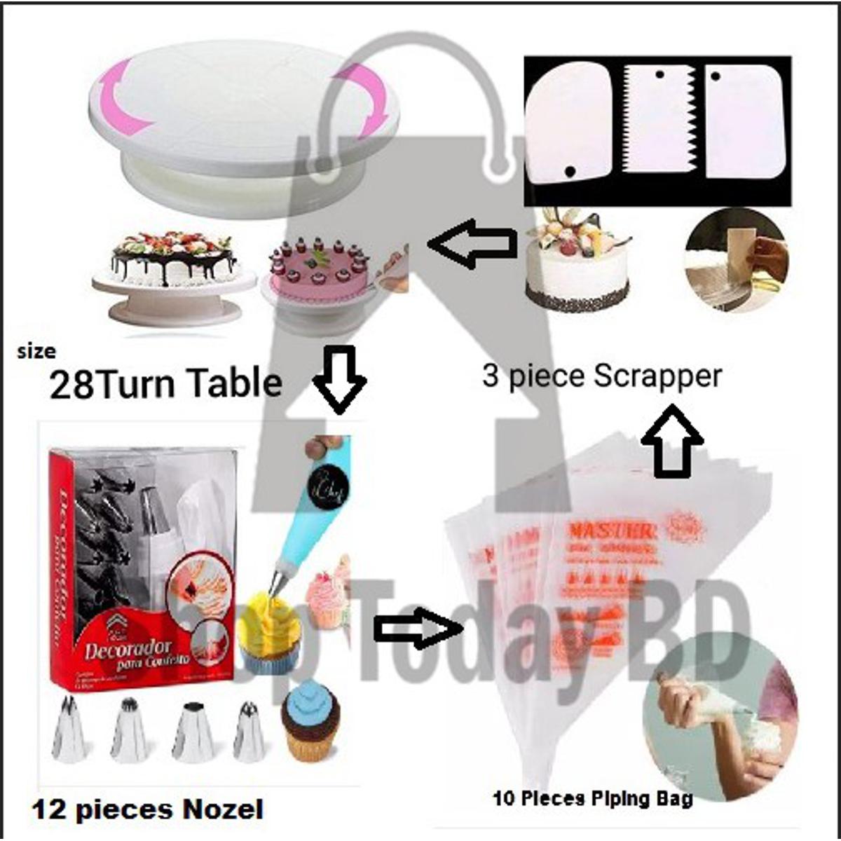 Picture of Cake Decorating Turntable - 28 cm and 12 pieces of Nozzle Set and Piping Bags and set of combo pack of 3 items -Multicolor