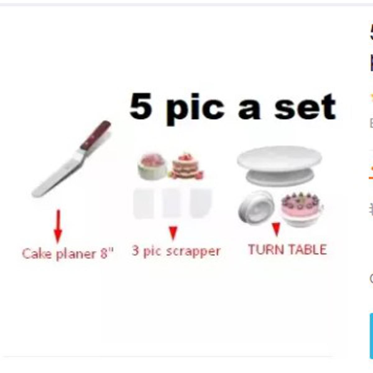 Picture of 5 pieces a set Turn table+3 pcs scraper + cake planer 8" -White