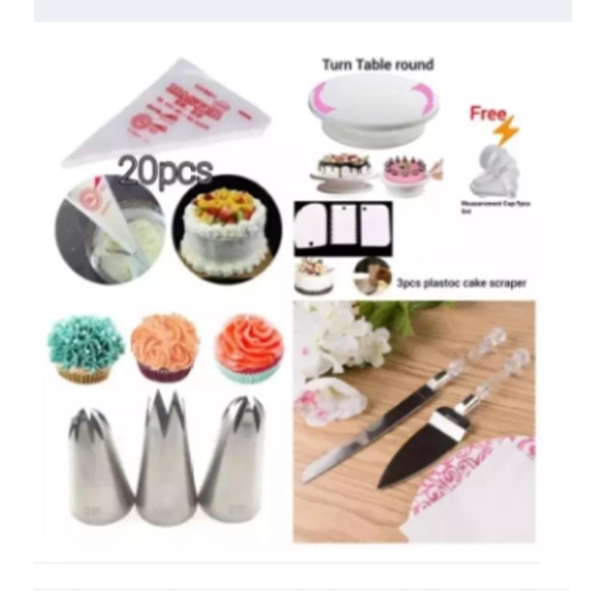 Picture of Cake Decoration Parfect Combo Set-cake Turn table 28Cm+3Pcs scraper set+9Pcs mesurment Cup set Free+2Pcs Baking Knife set-91pcs steel server+1Pcs steel Bread Knife +3pcs Large 2D,1M,2f Nozzle+20Pcs Paiping Bag -Multicolor