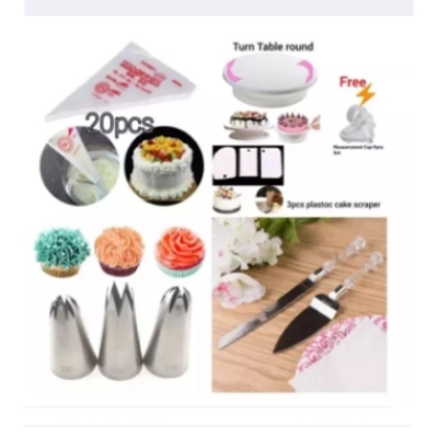 Picture of Cake Decoration Parfect Combo Set-cake Turn table 28Cm+3Pcs scraper set+9Pcs mesurment Cup set Free+2Pcs Baking Knife set-91pcs steel server+1Pcs steel Bread Knife +3pcs Large 2D,1M,2f Nozzle+20Pcs Paiping Bag -Multicolor