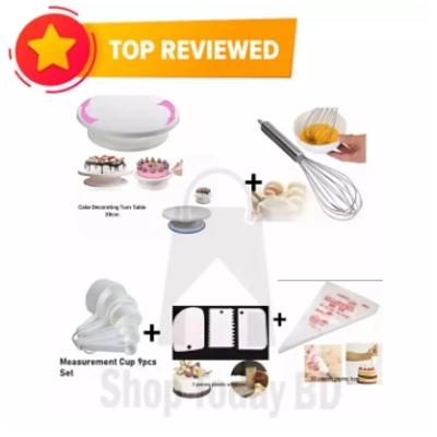 Picture of 5 X Combo Cake Decorating Turn table 28 Inches + Egg Bitter + 3 PCS Plastic Cake Scraper + Measurement Cup set + 10 Pieces Piping Bag -White