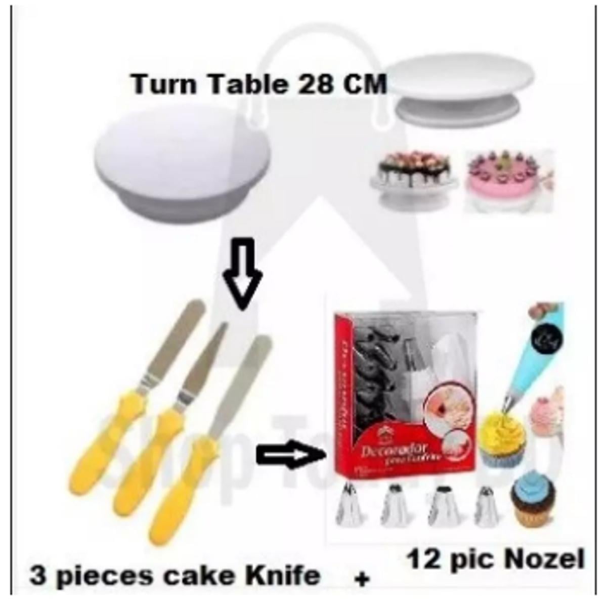 Picture of 3 Item Cake Combo Cake Decorator Nozel set 12 pieces +28 CM Turn Table + 3 pcs Butter Knife Set + -White