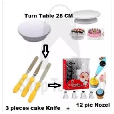 Picture of 3 Item Cake Combo Cake Decorator Nozel set 12 pieces +28 CM Turn Table + 3 pcs Butter Knife Set + -White