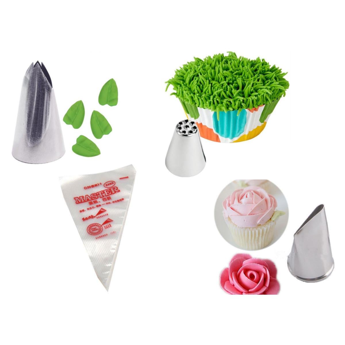 Picture of 3 Pieces Big Size Nozzle Set(Leaf + grass + Rose) + 10 pieces Pipping Bags -Silver