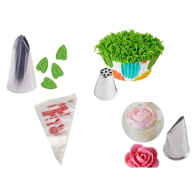 Picture of 3 Pieces Big Size Nozzle Set(Leaf + grass + Rose) + 10 pieces Pipping Bags -Silver