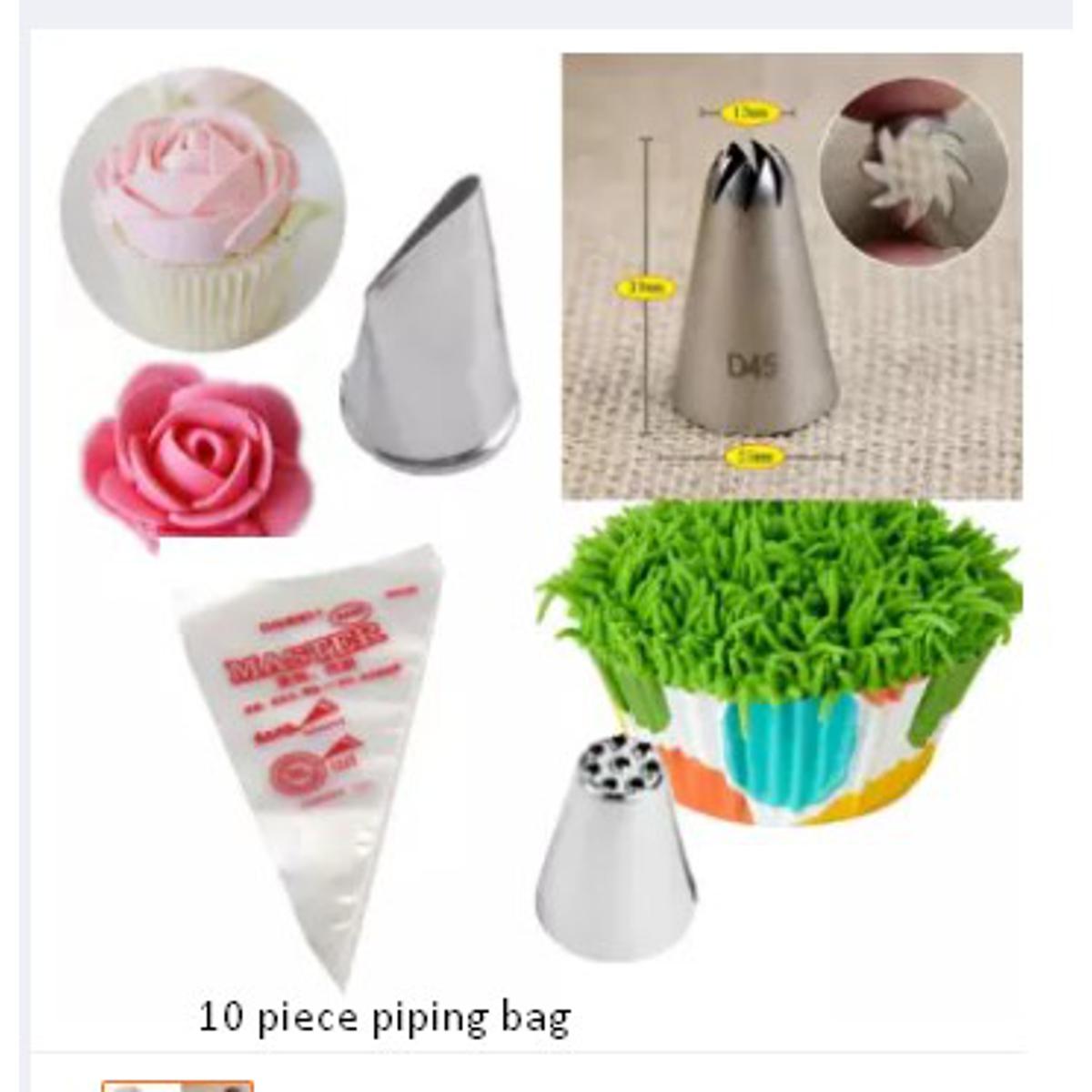 Picture of 3 Pieces Big Size Nozzle Set(Rose + grass + 195 Nozel) + 10 pieces Pipping Bags -Silver