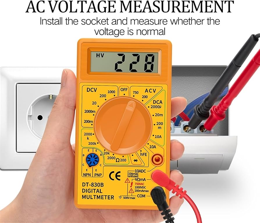 Picture of DT830B Digital Multimeter, Handheld Digital Multimeter LCD Backlight Portable AC/DC Ammeter Voltmeter Ohm Voltage Tester Meter Multimeter with Wire Yellow