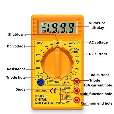 Picture of DT830B Digital Multimeter, Handheld Digital Multimeter LCD Backlight Portable AC/DC Ammeter Voltmeter Ohm Voltage Tester Meter Multimeter with Wire Yellow