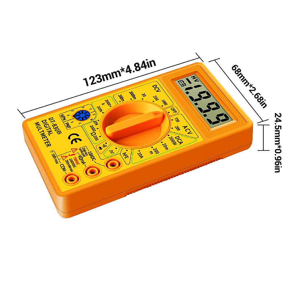 Picture of DT830B Digital Multimeter, Handheld Digital Multimeter LCD Backlight Portable AC/DC Ammeter Voltmeter Ohm Voltage Tester Meter Multimeter with Wire Yellow