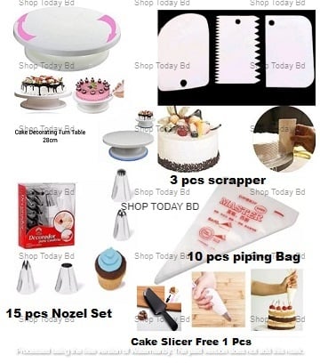 Picture of Cake Decorating Turntable - 28 cm +12 pieces Cake decoration Nozzle set + 10 Piping Bags + 3 pcs scrapper combo pack of 4 items -Multicolor