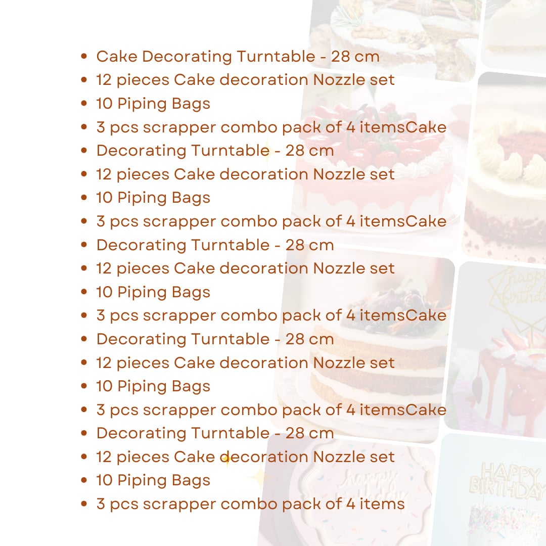 Picture of Cake Decorating Turntable - 28 cm +12 pieces Cake decoration Nozzle set + 10 Piping Bags + 3 pcs scrapper combo pack of 4 items -Multicolor