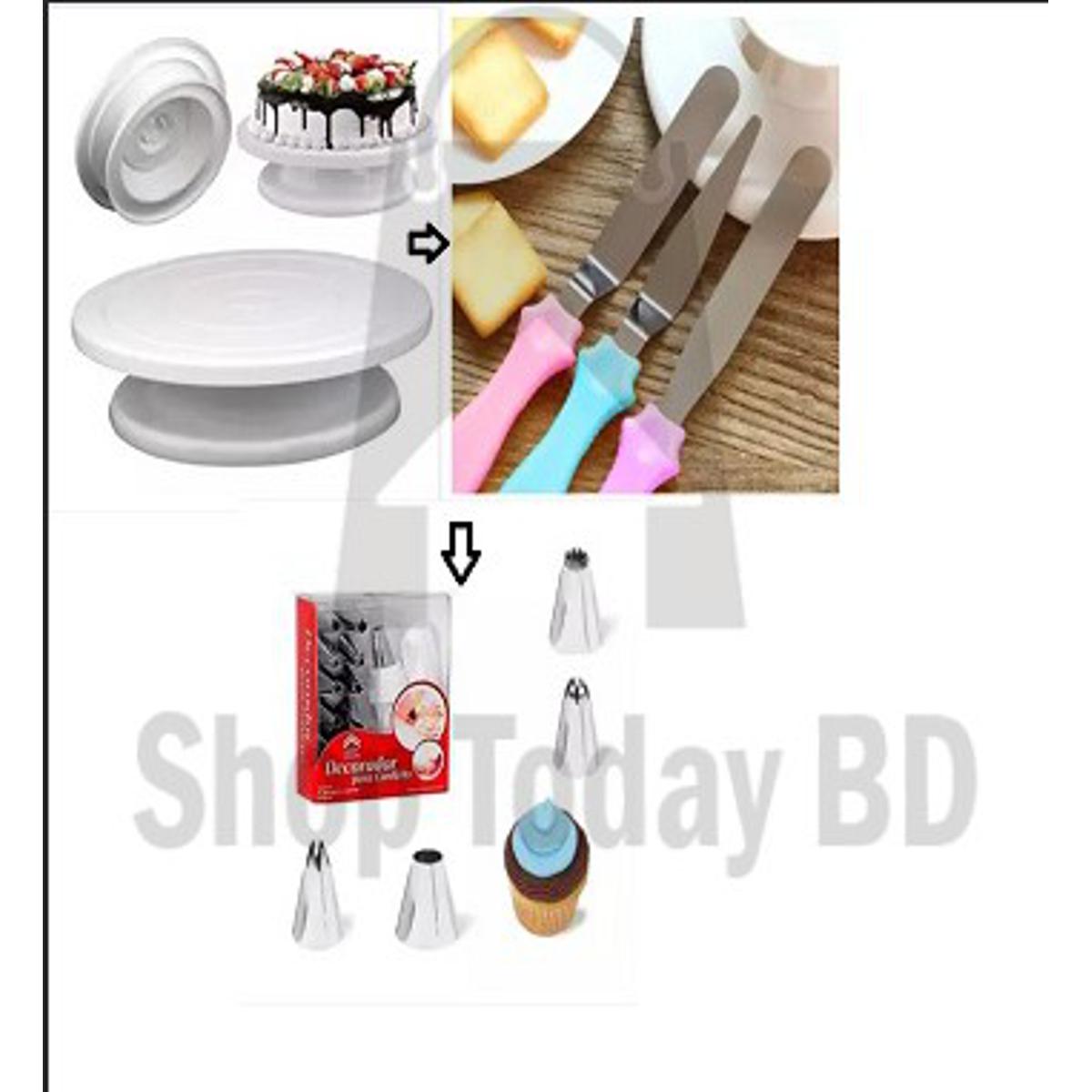 Picture of (3) 3 pieces of Cake Butter planer + 15 pieces of cake Decorating nozzle set and Cake Decorating Turntable combo pack of 3 items -Multicolor