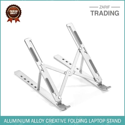 Picture of Aluminium Alloy Creative Folding Laptop Stand 6 Angles Adjustable Tabletop Anti Slip Silicon Rubber Pads Foldable Cloth Pouch Inside Silver (Black)