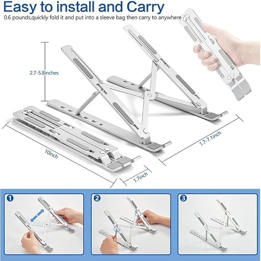 Picture of Aluminium Alloy Creative Folding Laptop Stand 6 Angles Adjustable Tabletop Anti Slip Silicon Rubber Pads Foldable Cloth Pouch Inside Silver (Black)