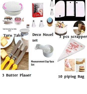 Picture of 6CC Cake Decoration Turntable & 12 Pieces Of Stainless Steel Nozzle Set & 3 Butter planer & Measuring Spoon Cup Set & 3 pieces Plastic Cream Scraper & 10 Pieces Pipping Bags (6 products) -Multicolor