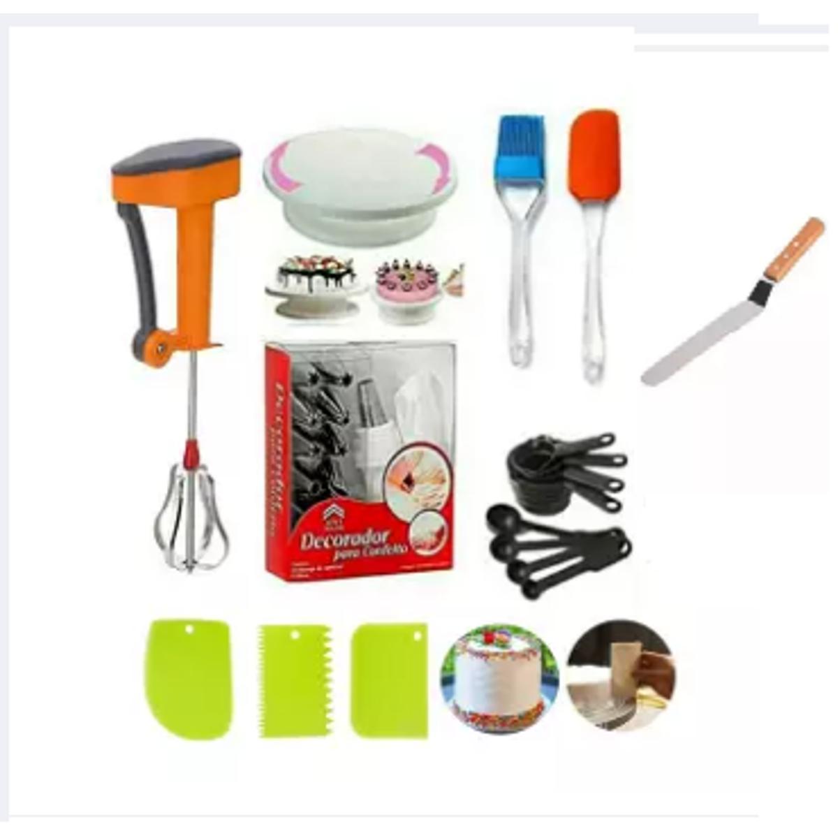 Picture of Cake Making Supplies Cake Turntable & 12P Nozzle Set  , 2 piece oil Brush & Measuring Cup 9B &  butter planer 6" , Manual Hand Blender, Cake scraper 3 pieces -Multicolor