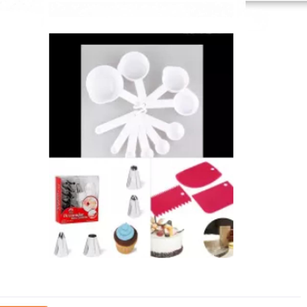 Picture of 12 Pieces stainless steel Cake Decorating Nozzle Set and 10 pieces piping bags and plastic measurement cup set combo item of 3 items -Silver