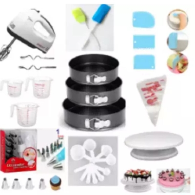 Picture of Electric Hand Mixer & Cake Decorating Turntable - 28 cm & 3 pieces Plastict Scraper & 12 Pieces Nozzle Set & 3 pieces cake mold set & Measerment Cup Set & Spatula and Pastry Brush Set & Plastic Measuring Jug & 100 pcs pipping bags - Combo Pack -White