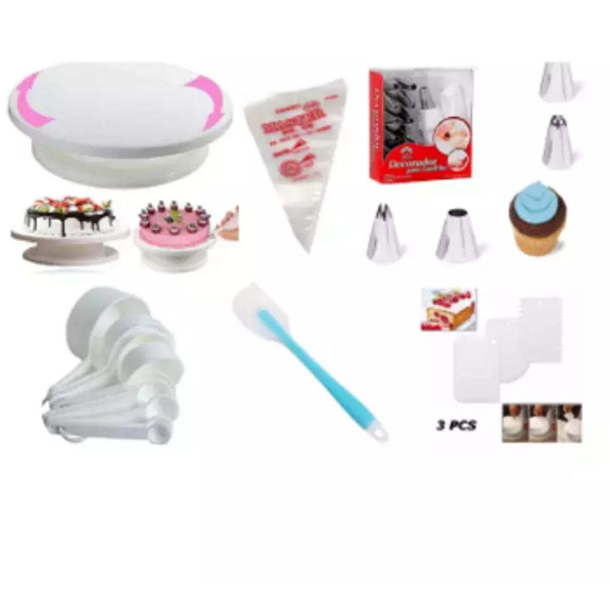 Picture of Cake Decoration Turntable & 12 Pieces Of Stainless Steel Nozzle Set & Silicone Heat Resistant Spatula - 10 inch & Measuring Spoon Cup Set & 3 pieces Plastic Cream Scraper & 10 Pieces Pipping Bags (6 products) -White