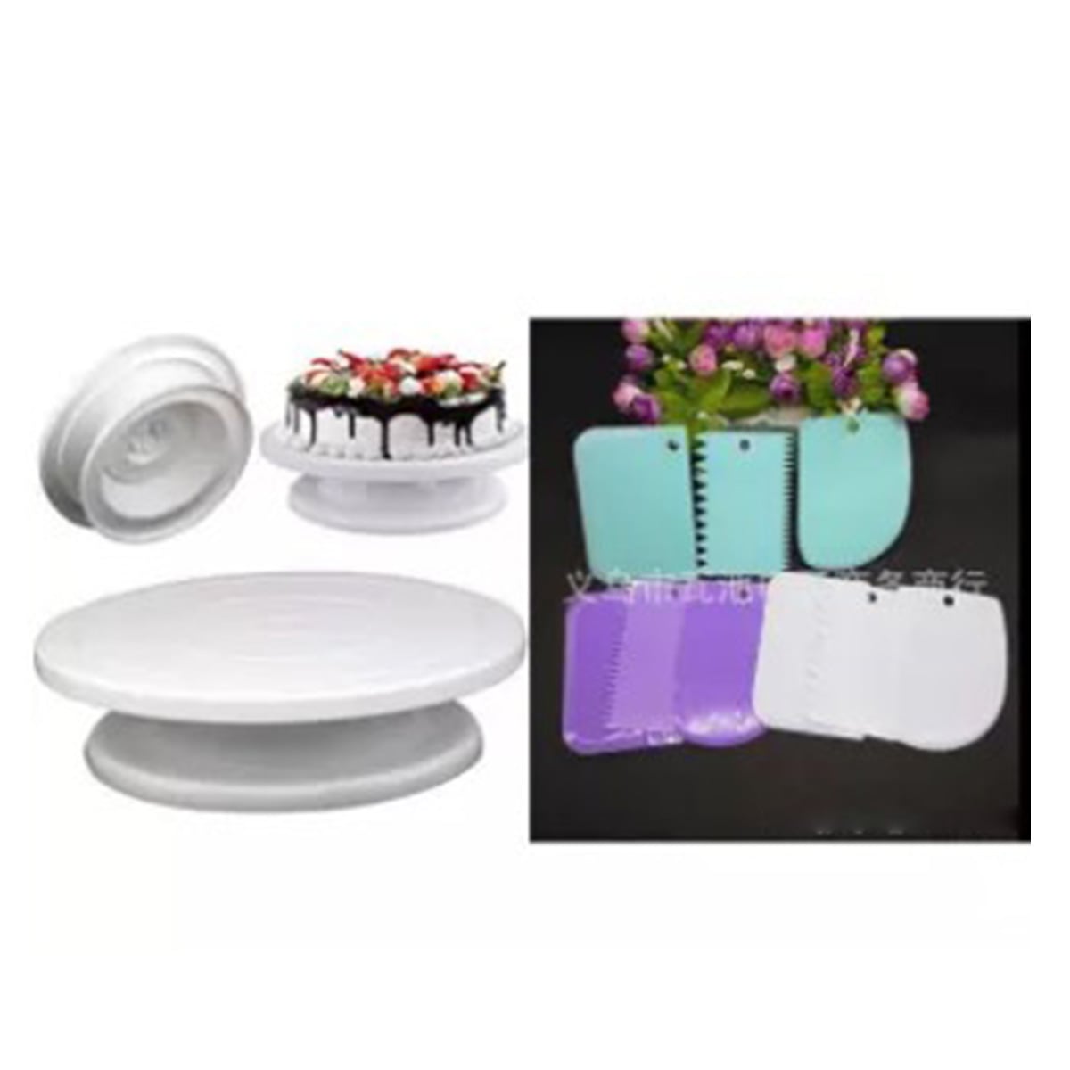 Picture of cake decoration turntable - 28 cm and 3 pieces set of plastic cream scraper for pastry cake decoration combo pack of 2 items -White