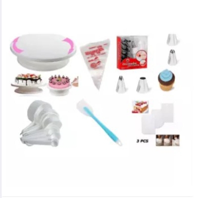 Picture of Cake Decoration Turntable & 12 Pieces Of Stainless Steel Nozzle Set & Silicone Heat Resistant Spatula - 10 inch & Measuring Spoon Cup Set & 3 pieces Plastic Cream Scraper & 10 Pieces Pipping Bags (6 products) -White