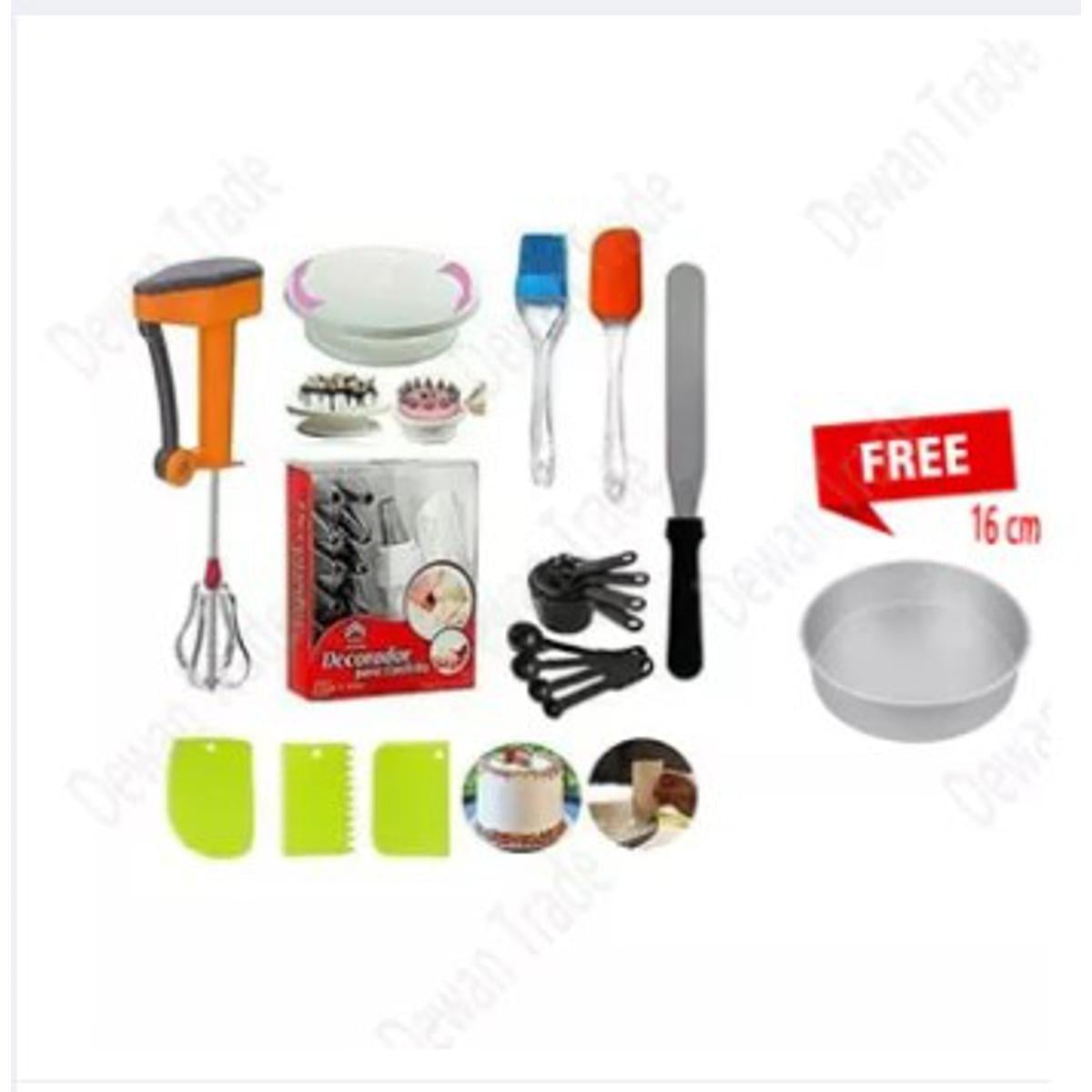 Picture of 8 (7+1)Items Set+16cm aluminium round cake pan free- 1) turn table 28 cm, 2) 12pcs nozzle set with paiping bag, 3) hand mixer, 4) steel plate nife, 5) 8pcs black mesurment , 6)2pcs silicon oil brush, 7) 3Pcs scraper -Multicolor