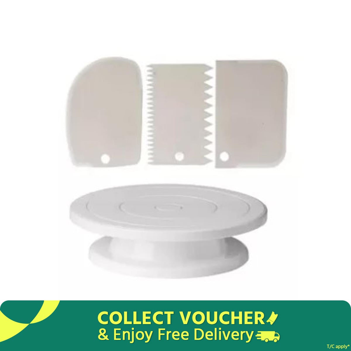 Picture of Perfect Pricee Combo Set of Plastic Revolving Turn Table Cake Stand with 3 Scrapper, White -White