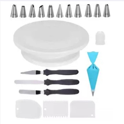 Picture of 7P Xacton Plastic Swivel Plate Revolving Cake Sugarcraft  12 Steel Nozzles Coupler with Piece Frosting Icing Piping Bag 3 Pcs Cake Decorating Fondant 3 Pcs Cake Icing Spatula  Combo of Baking Toools Set -White