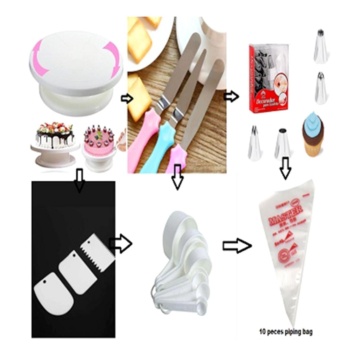 Picture of 6C Cake Decoration Turntable , 12 Pieces Of Stainless Steel Nozzle Set , 3 pieces of cake planner , Measuring Spoon Cup Set , 3 pieces Plastic Cream Scraper & 10 Pieces Pipping Bags -Multicolor