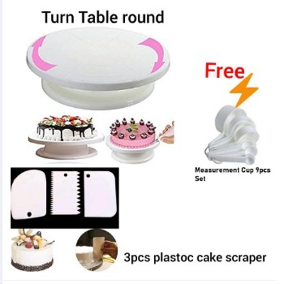 Picture of Combo Cake Decorating Turn table & 3 PCS Plastic Cake Scraper Free Measurement Cup set -White