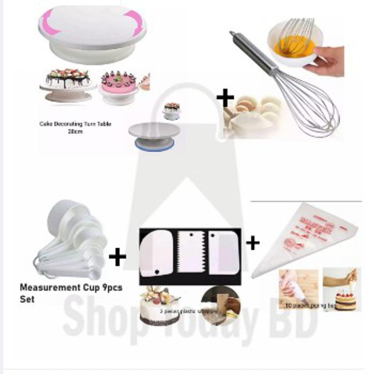 Picture of 5 X Combo Cake Decorating Turn table 28 Inches + Egg Bitter + 3 PCS Plastic Cake Scraper + Measurement Cup set + 10 Pieces Piping Bag -White