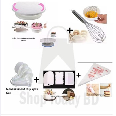 Picture of 5 X Combo Cake Decorating Turn table 28 Inches + Egg Bitter + 3 PCS Plastic Cake Scraper + Measurement Cup set + 10 Pieces Piping Bag -White