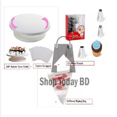 Picture of Cake Decorating Turntable - 28 cm and 12 pieces of Nozzle Set and Piping Bags and set of combo pack of 3 items -White