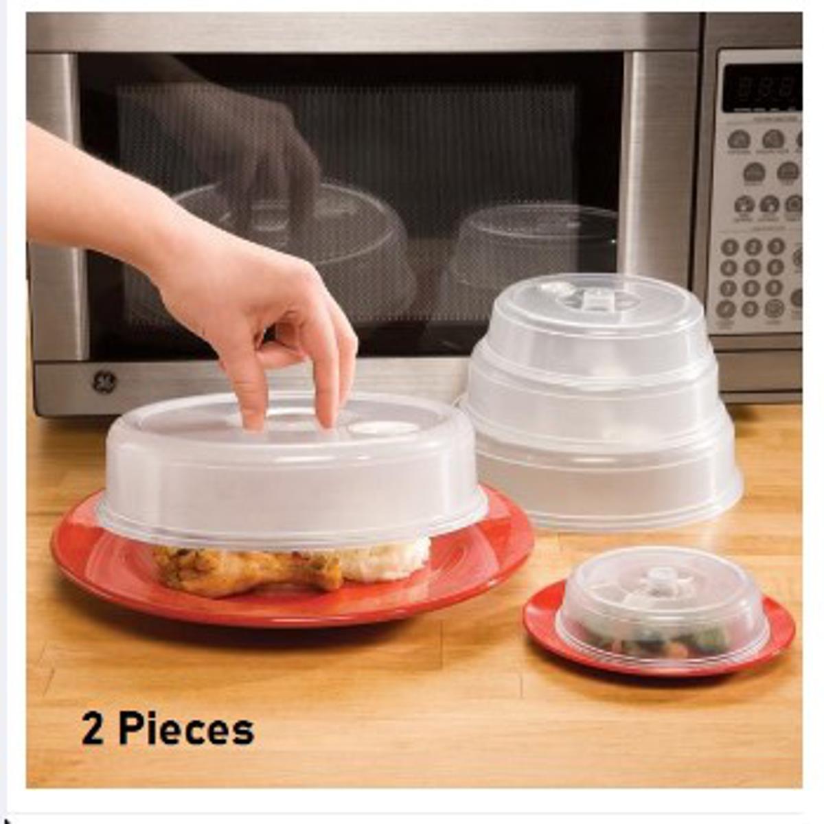 Picture of 2 Pieces MICROWAVE FOOD COVER / Plate Cover Splatter Guard Non Stick Plastic Clear Dish Lid -White