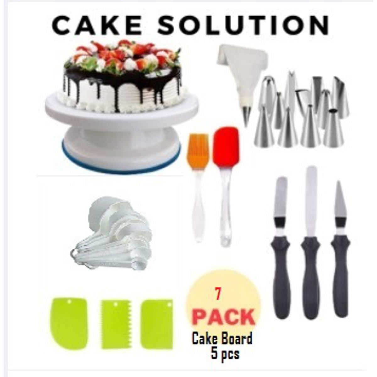Picture of 7-In-1 Cake Solution Offer Pack- Cake Turntable, 12 Piece Cake Decorating Nozzle Set, 3 in 1 Multi Function niffe Set, 3 Side Scrapper,Cake Board 5 Piece, 8 Measuring Cups and Spoon, Silicon Spatula Brush Set -Multicolor