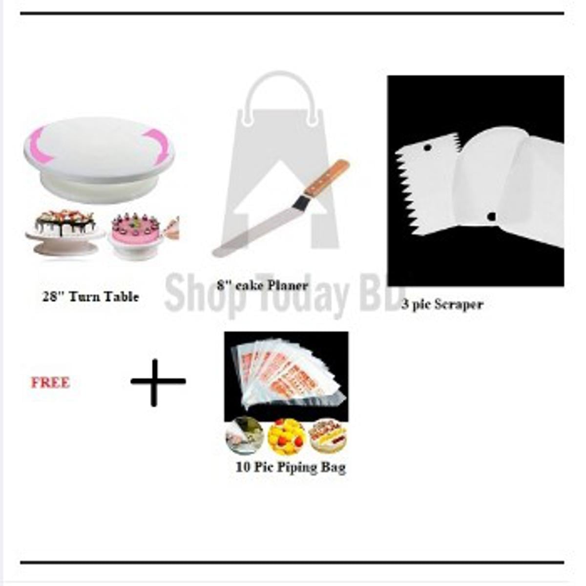 Picture of 3 Combo Turn Table+3 Pcs Scraper set- white+ Cake planer-8" + FREE 10 Pic Piping Bag -White