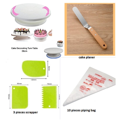 Picture of 6 pcs a set Turn table+3 pcs scraper + cake planer 8" 10pcs Plastic Piping Bags -Multicolor