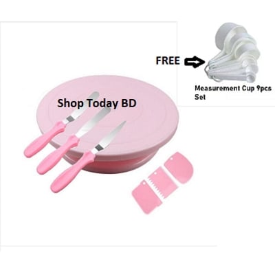 Picture of (7Pcs set+9Pcs white Mesurment Cup Set Free)-Cake decoration turn table 28 cm + 3Pcs baking plate  set+3Pcs scraper set -Multicolor