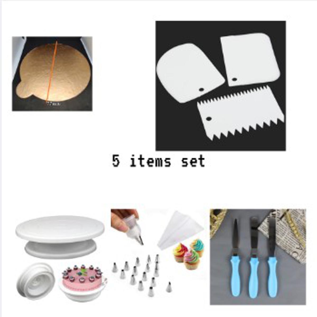 Picture of (5 items Set)-Cake Turn Table 28 cm+3 pcs baking k*nife set+12 pcs nozzle with paiping bag+3 pcs scrapeer+7.7 inchi cake bord -White