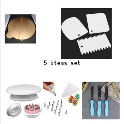 Picture of (5 items Set)-Cake Turn Table 28 cm+3 pcs baking k*nife set+12 pcs nozzle with paiping bag+3 pcs scrapeer+7.7 inchi cake bord -White