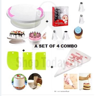 Picture of Cake Decorating Turntable - 28 cm +12 pieces Cake decoration Nozzle set + 10 Piping Bags  + 3 pcs scrapper combo pack of 4 items -White