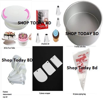 Picture of Cake Decoration Turntable & 12 Pieces Of Stainless Steel Nozzle Set & Removable Cake Pan & Bread Mold & Measuring Spoon Cup Set & 3 pieces Plastic Cream Scraper & 10 Pieces Pipping Bags (6 products) -White