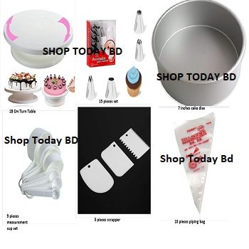 Picture of Cake Decoration Turntable & 12 Pieces Of Stainless Steel Nozzle Set & Removable Cake Pan & Bread Mold & Measuring Spoon Cup Set & 3 pieces Plastic Cream Scraper & 10 Pieces Pipping Bags (6 products) -White