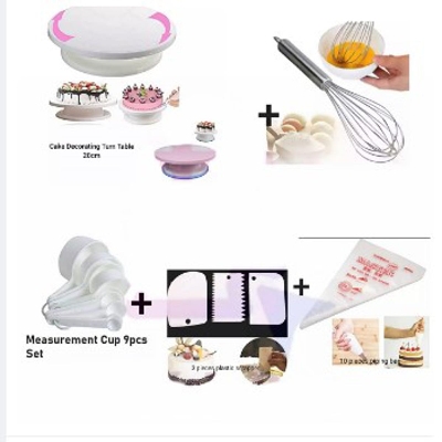 Picture of 5 x Combo Cake Sort Turntable 28 Inch + Egg Beater + 3 Piece Plastic Cake Scraper + Measure Cup Set 10 Piece Piping Bag -White