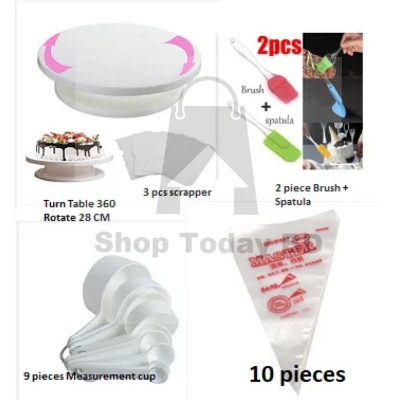 Picture of Measurements cup and Cake Decorating Turntable and piping bags and plastic cream scrapper and Silicone spatula with the brush set of combo pack of 5 items -White